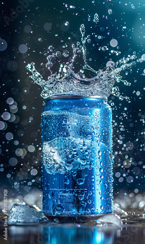 A blue can amidst a dynamic splash of water and floating ice cubes