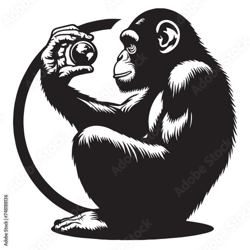 Elegant Chimpanzee Silhouettes, Chimpanzee Silhouette Series, Exploring Chimpanzee Forms-black and white illustration