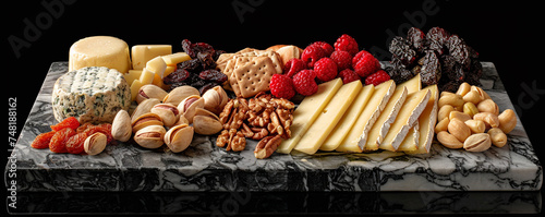 Gourmet cheese platter with assorted nuts and dried fruits on a marble board with a sophisticated black background Top view space to copy.