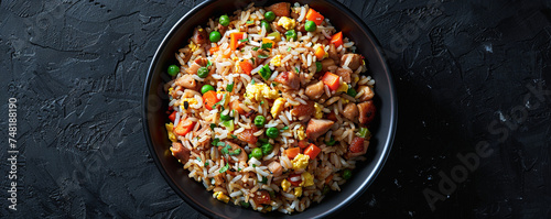Fried rice with egg, chicken, peas and carrots on black background Top view space to copy.