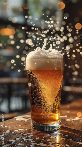 Overflowing beer glass, bubbles and foam scatter on a wooden table