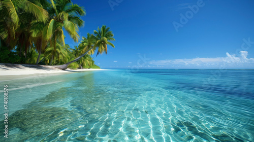 Background A peaceful beach with crystal clear water and swaying palm trees.