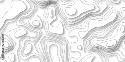 Topographic map background geographic line map with seamless white paper wave design. The black on white contours vector topography stylized height of the lines map. 