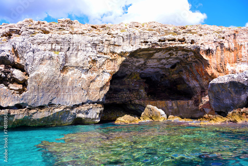 The caves of the ionian Sea side of Santa Maria di Leuca seen from the tourist boat 