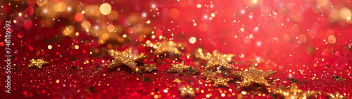 red christmas with golden glittering stars, banner with copy space, created with generative AI technology