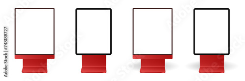 Set of street billboards. Black and red city lightbox. Display panels or signboards. Rectangular signposts. 3d mockup of a signboard with transparent or white screen and shadow