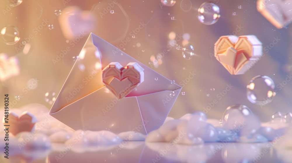 Whimsical Love Letter Envelope with Craft Hearts and Bubbles - Soft and Dreamy Romantic Sentimental Image for Valentine's Day Celebration Whimsical Love Letter Envelope with Craft Hearts and Bubbles - Soft and Dreamy Romantic Sentimental Image for Valentine's Day Celebration