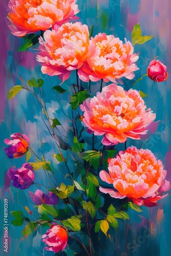 Beautiful peach pink peony flowers painting wallpaper © Marina