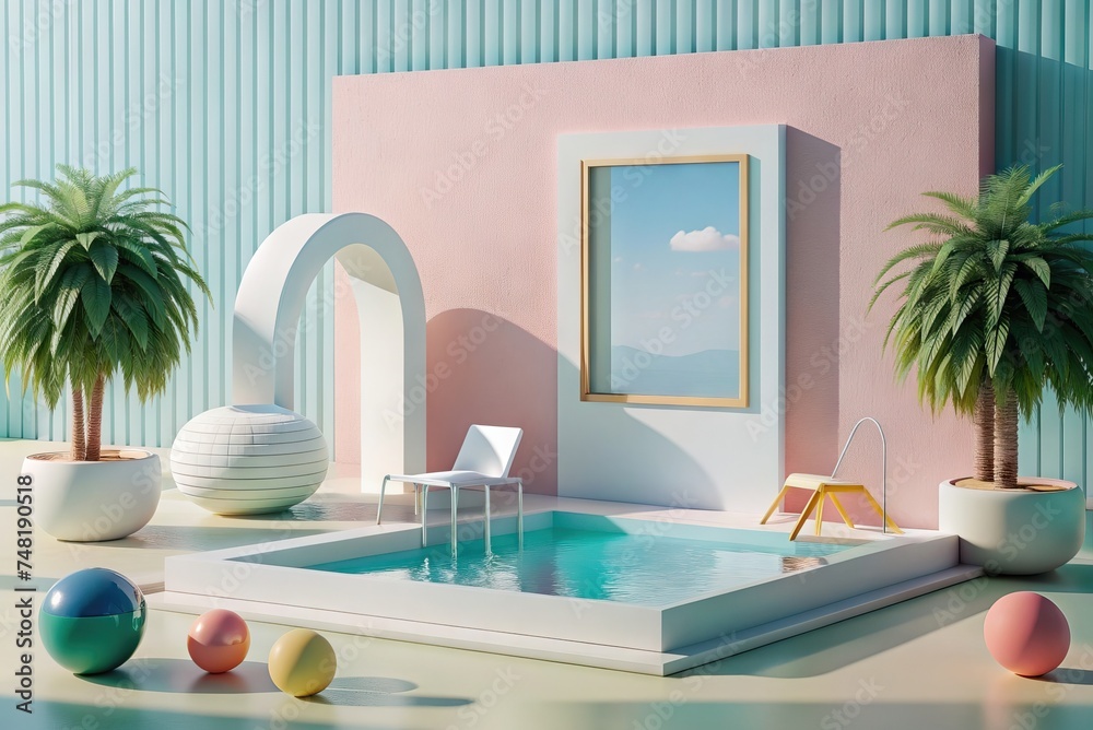 Mockup in outdoor area next to pool in soft colors. Generative AI - obrazy, fototapety, plakaty 