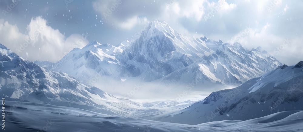 A painting depicting a majestic snowy mountain range with towering peaks, snow-covered slopes, and a chilly, pristine atmosphere. The scene captures the grandeur of nature in a winter setting.