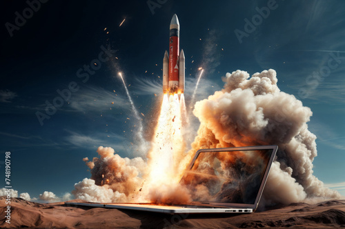 Conceptual image of a rocket launch seen on a laptop screen, symbolizing powerful startup, innovation, and technology breakthrough.