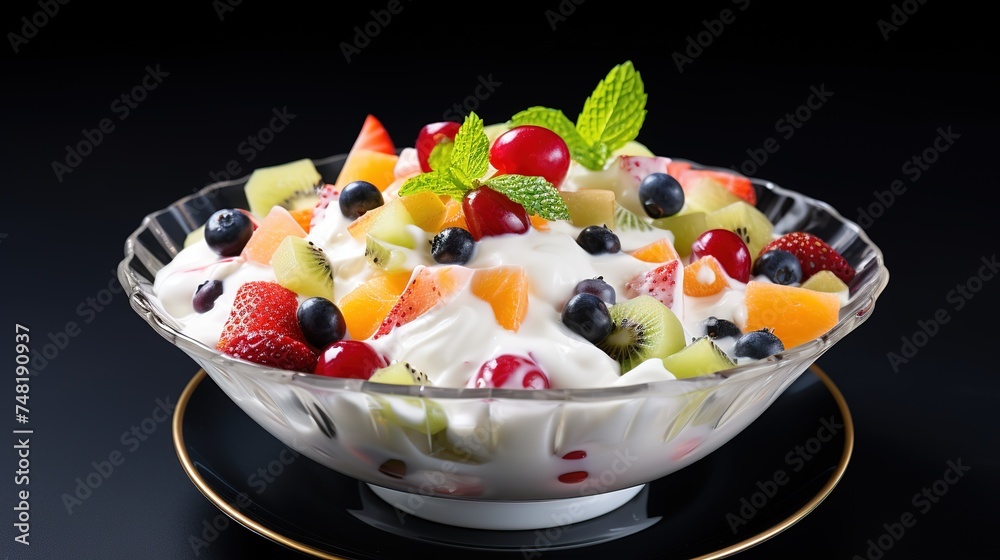 Fruit salad with ice cream white plate decorated with berries pomegranate ai generated Fruit salad with ice cream white plate decorated with berries pomegranate ai generated