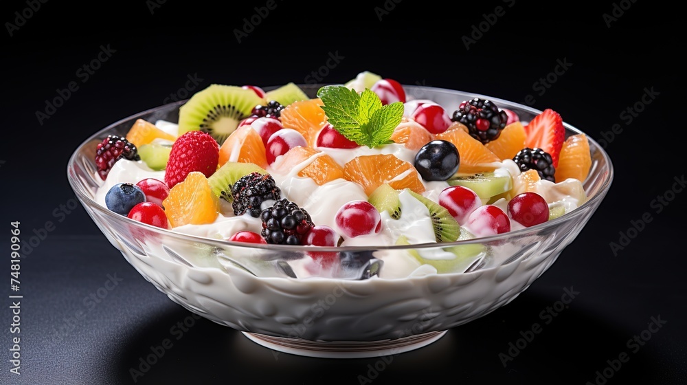 Fruit salad with ice cream white plate decorated with berries pomegranate ai generated Fruit salad with ice cream white plate decorated with berries pomegranate ai generated