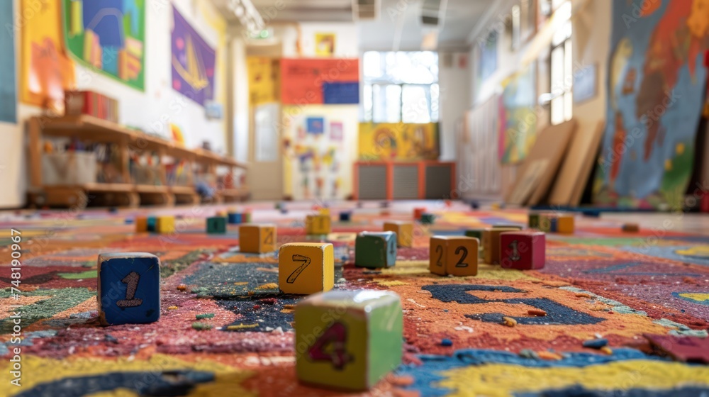 Back to School Classroom Memories: Lively Alphabet Blocks Scattered on Colorful Rug with Children's Artwork on Walls Back to School Classroom Memories: Lively Alphabet Blocks Scattered on Colorful Rug with Children's Artwork on Walls