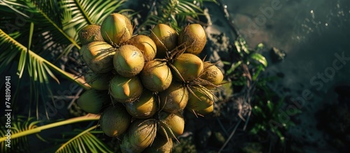 A cluster of ripe coconut fruits is seen hanging from a palm tree, showcasing the natural process of coconut growth in a tropical environment. The fruits are ready for harvest and consumption. © 2rogan