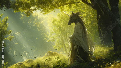 A mythical centaur in a flowing tunic and a sleek horse head mask representing the fusion of human and animal. In the background a lush green forest with sunbeams shining photo