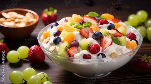 Fruit salad with ice cream white plate decorated with berries pomegranate ai generated