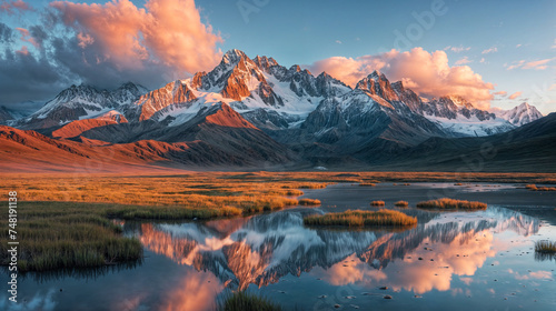 panorama view of a snowy mountain landscape and a lake at sunset