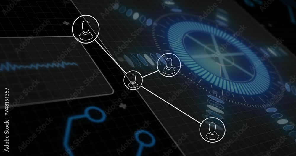 Animation of network of connections over scope scanning and data processing on black background