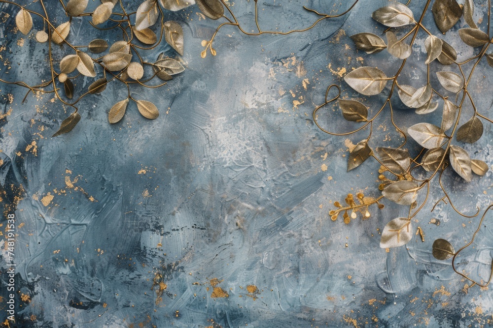 Obraz premium Blank leafy blue background. a blue background with gold and leafed leaves and gold foil