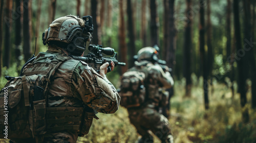 Elite military special forces navigate stealthily through the forest, their trained eyes scanning for threats amidst the dense foliage.
