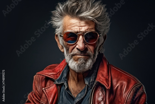 Fashionable elderly gentleman with a beard wearing sunglasses and a red jacket