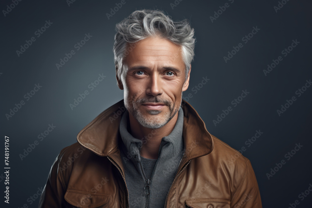 Portrait of a stylish mature man with a beard wearing leather jacket against a grey background Portrait of a stylish mature man with a beard wearing leather jacket against a grey background