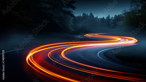 The winding bend in the road is illuminated by the mesmerizing light traces left behind by a passing car, capturing the dynamic motion and journey through the scenic route.