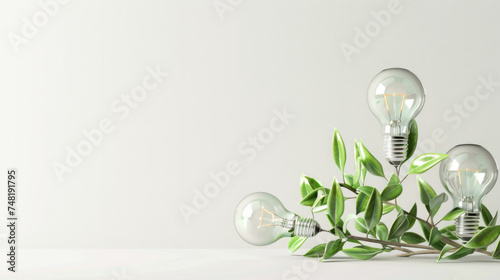 Lightbulbs against white wall with green plants. Environmental conservation concept.