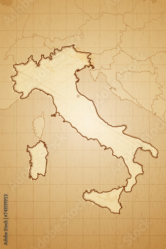 Map of Italy made in old vintage retro textured style vector illustration (ID: 748191953)