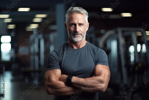 Portrait of a fit older man with his arms crossed over his chest  standing in the gym