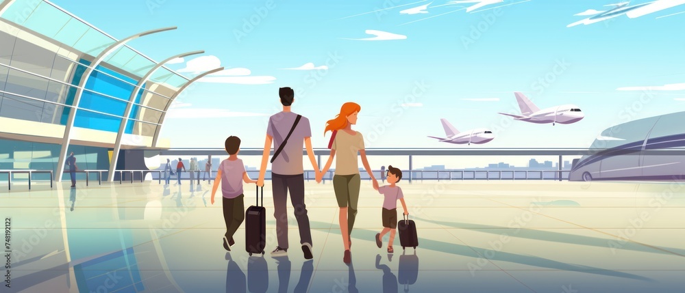 Family with kids at airport terminal. Cartoon 2d illustration of parents and kids going to travel. Travel and Vacation Concept with Copy Space.