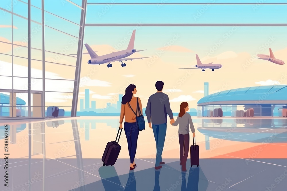2d illustration of airport terminal with passengers and plane in the background. Travel and Vacation Concept with Copy Space.