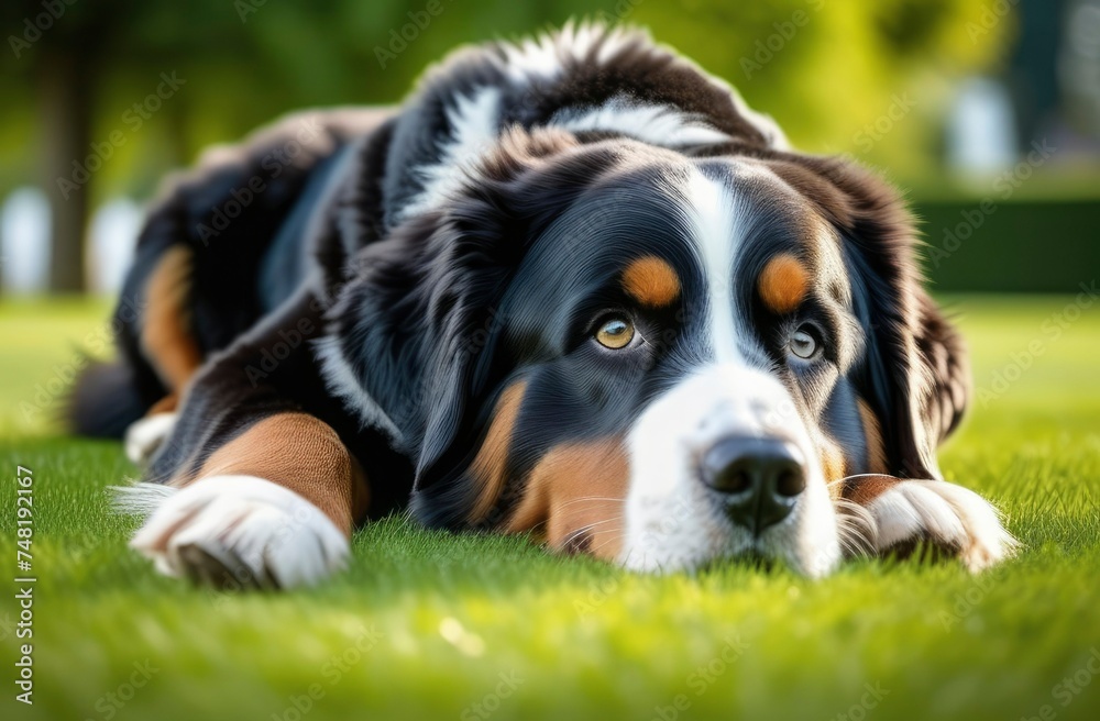 Cute Bernese Mountain dog puppy lying in the grass