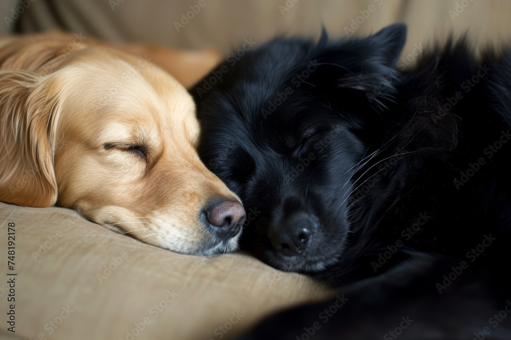 Two black and white dogs peacefully sleeping side by side, illustrating their close bond and harmonious companionship.