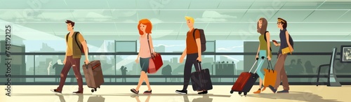 People walking in airport terminal. Passengers with suitcases and luggage. 2d illustration. Travel and Vacation Concept with Copy Space.