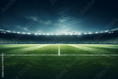 Green field in soccer or football stadium at night empty playground  3d rendering