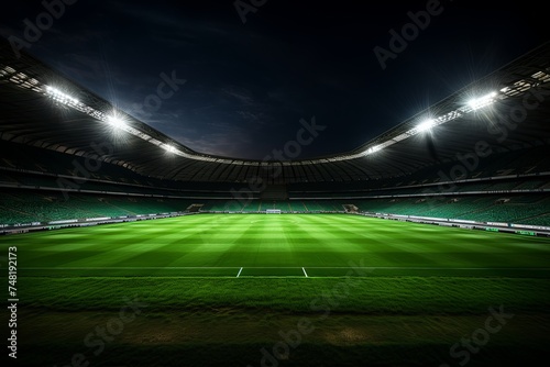 Green field in soccer or football stadium at night empty playground, 3d rendering