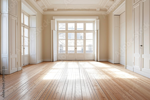 Wallpaper Mural A pristine, white room featuring wooden floors and a large window, inviting natural light to accentuate the warm, minimalist space. Torontodigital.ca