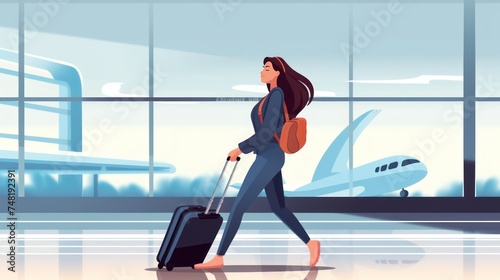 2d illustration of a young woman with a suitcase at the airport. Travel and Vacation Concept with Copy Space.