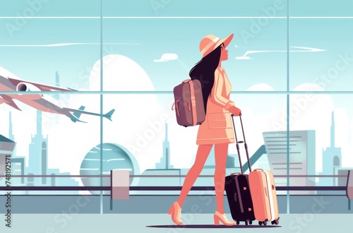 Young woman with a suitcase at the airport. 2d illustration in flat style. Travel and Vacation Concept with Copy Space.