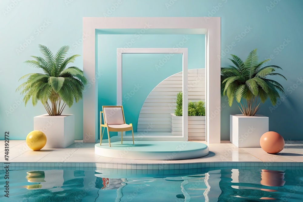 Mockup in outdoor area next to pool in soft colors. Generative AI