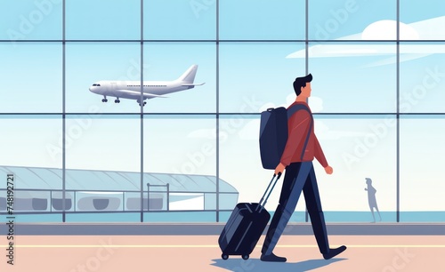 2d illustration of a man with a suitcase at the airport terminal. Travel and Vacation Concept with Copy Space.