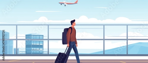 Young man with suitcase at airport terminal flat 2d illustration. Cartoon male character with baggage standing on platform. Traveling and tourism concept