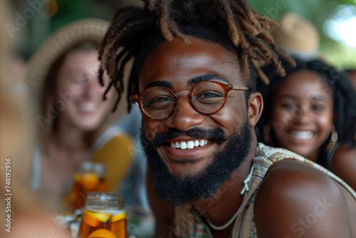 Portrait of happy African American man taking selfie with friends in restaurant