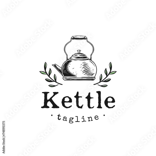 Vintage botanical logo with hand drawn kettle and leaf