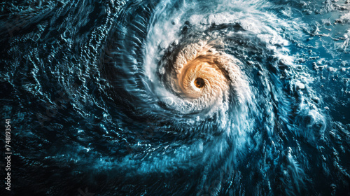 A typhoon gathers strength over the expansive ocean, its swirling clouds and fierce winds creating a daunting spectacle.