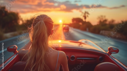 Blonde girl in a convertible car on the road at sunset. generative ai art © gmm2000