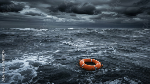 Amidst the tempestuous waves of a storm, a lifebuoy floats in the water, a vivid beacon of hope and rescue.
