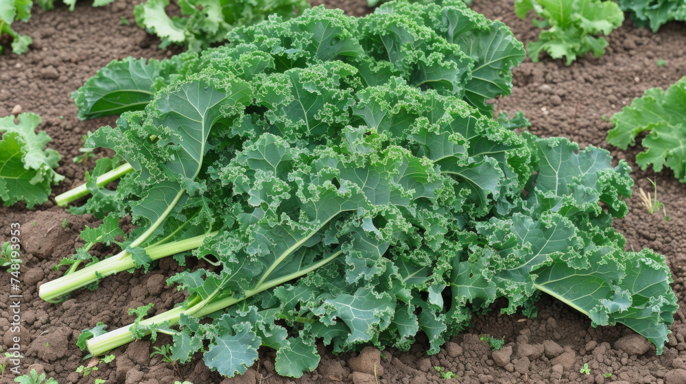 Deep green crinkly kale leaves overflowing from the ground ready to be picked and enjoyed in a fresh healthy dish. Deep green crinkly kale leaves overflowing from the ground ready to be picked and enjoyed in a fresh healthy dish.